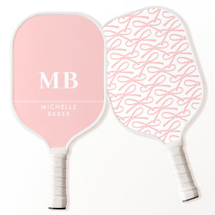 Preppy Blush Pink Ribbon Bow Personalised Monogram Pickleball Paddle