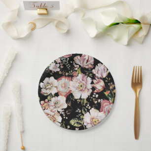 Preppy bohemian country girly chic black floral paper plate