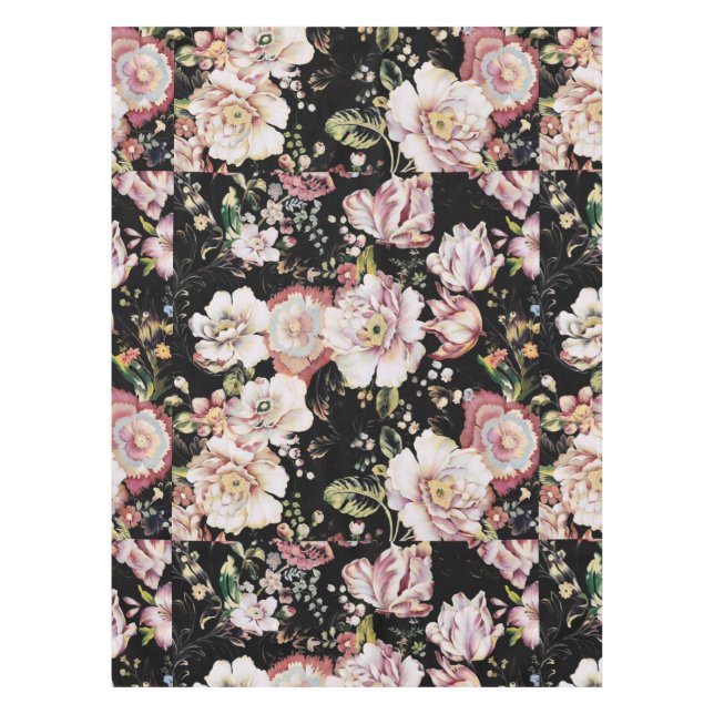 Preppy bohemian country girly chic black floral tablecloth (Front)