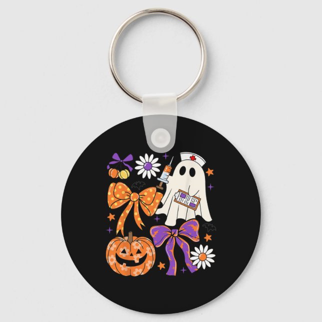 Preppy Boho Floral Nurse Ghost Coquette Bow Hallow Key Ring (Front)