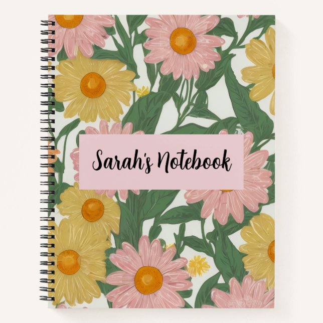 Preppy Boho Pink & Yellow Daisy Floral Custom Note Notebook (Front)