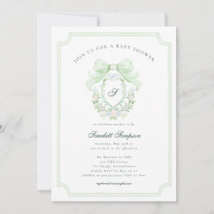 Preppy Botanical Green Bow Monogram Baby Shower   Invitation