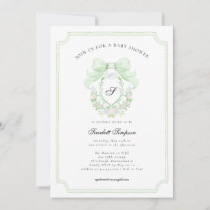 Preppy Botanical Green Bow Monogram Baby Shower Invitation