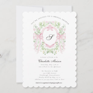 Preppy Botanical Pink Bow Monogram Baby Shower I Invitation