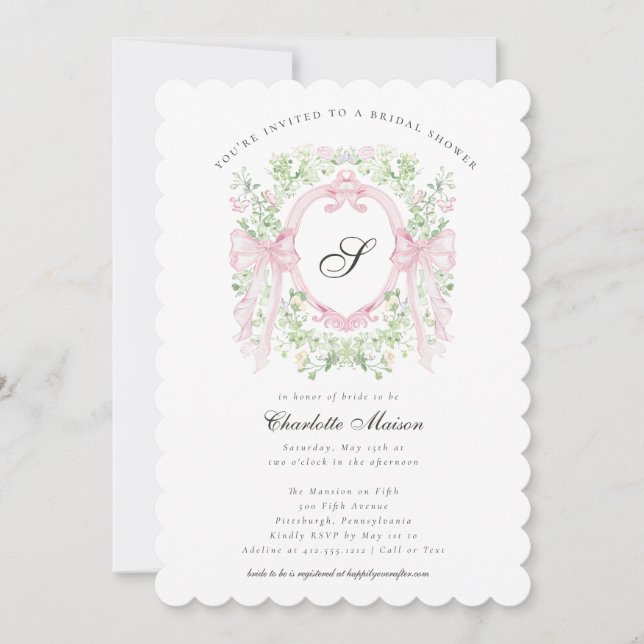 Preppy Botanical Pink Bow Monogram Baby Shower   I Invitation (Front)