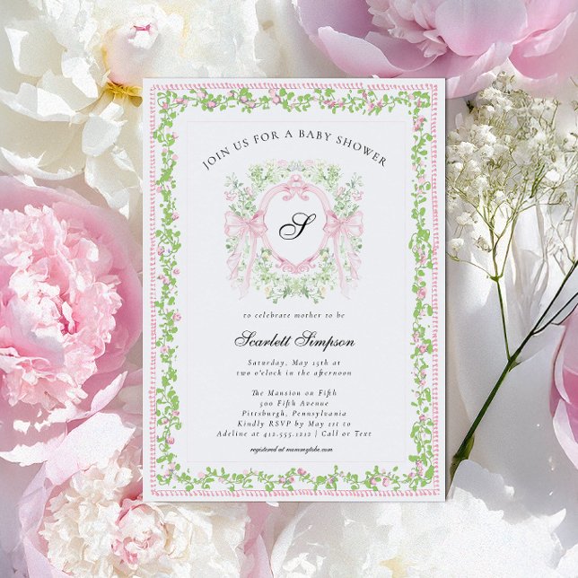 Preppy Botanical Pink Bow Monogram Baby Shower   Invitation (Botanical Crest Monogram Pink Bow Preppy Girl Baby Shower Invitation
)