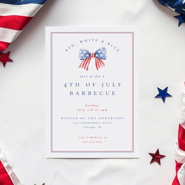 Preppy Bow 4th of July Independence Party BBQ Invitation (Preppy sophisticated 4th of july bbq invitation featuring a watercolor bow with the american flag)