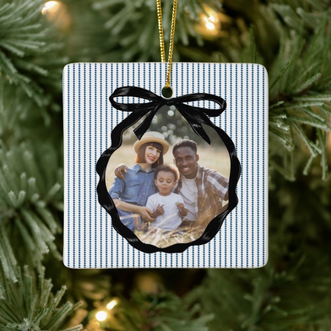 Preppy Bow Frame Indigo Photo Ceramic Ornament (Tree)