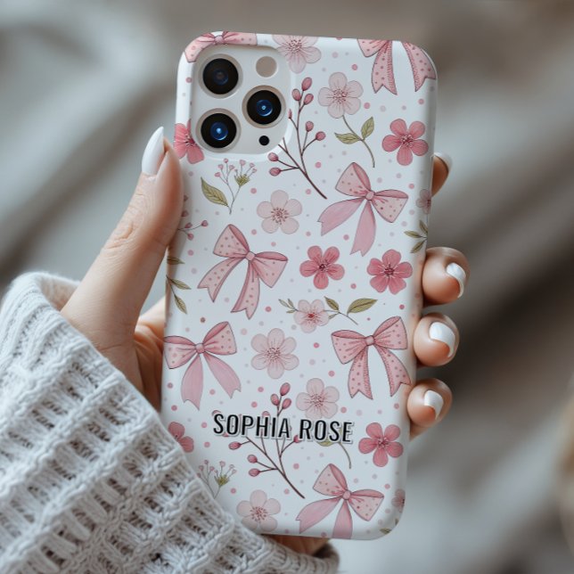 Preppy Bow Pattern Personalised Name iPhone Case (Preppy bows pattern iphone case with personalized name, coquette and feminine aesthetic)