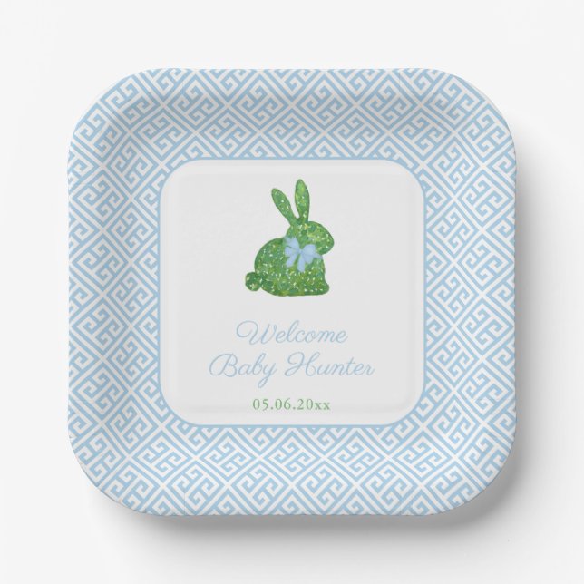 Preppy Boxwood Bunny Baby Boy Shower Paper Plate (Front)