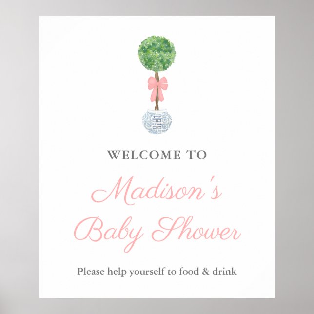 Preppy Boxwood Pink Bow Baby Shower Welcome Poster (Front)