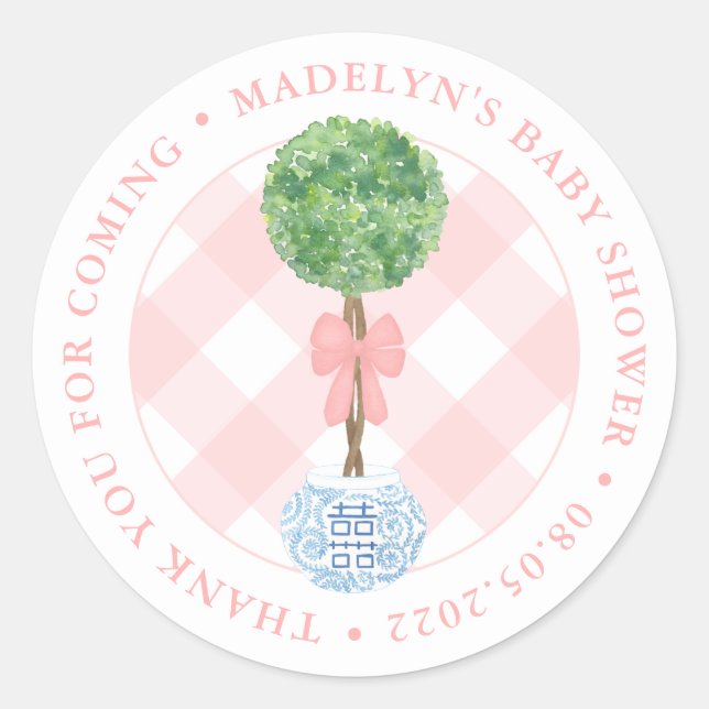 Preppy Boxwood Pink Bow Girl Baby Shower Thank You Classic Round Sticker (Front)