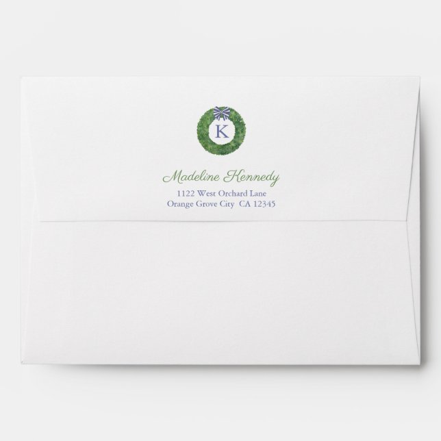 Preppy Boxwood Wreath With Bow Christmas Holidays Envelope (Back (Top Flap))