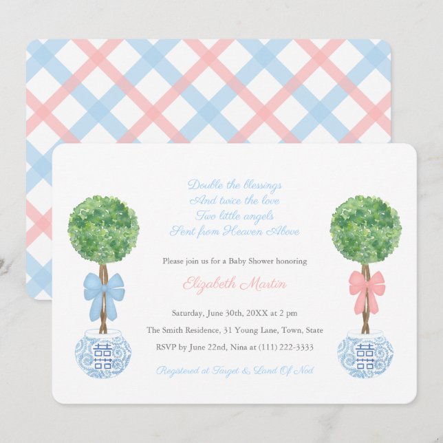 Preppy Boy Girl Twins Pink Blue Ribbon Baby Shower Invitation (Front/Back)