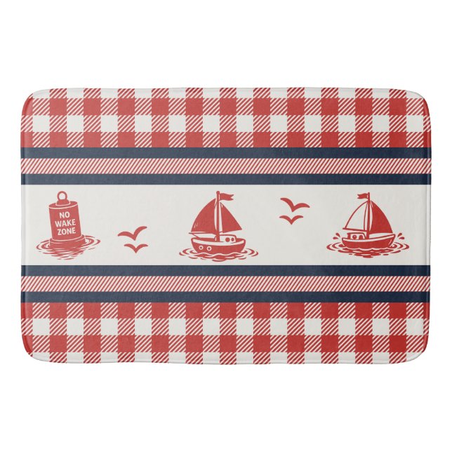 Preppy Boys Sailboat & Gingham - Navy & Barn Red Bath Mat (Front)