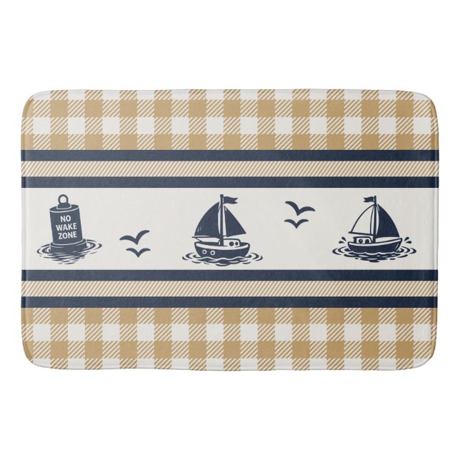 Preppy Boys Sailboat & Gingham - Navy & Khaki Bath Mat (Front)