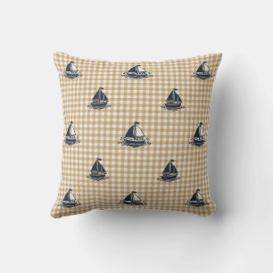 Preppy Boys Sailboat & Gingham Navy & Khaki Cushion