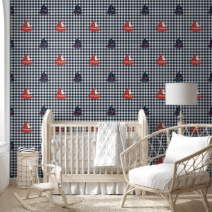 Preppy Boys Sailboat & Gingham Navy & Red Wallpaper
