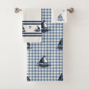 Preppy Boys Sailboat Gingham - Navy & Smoke Blue Bath Towel Set