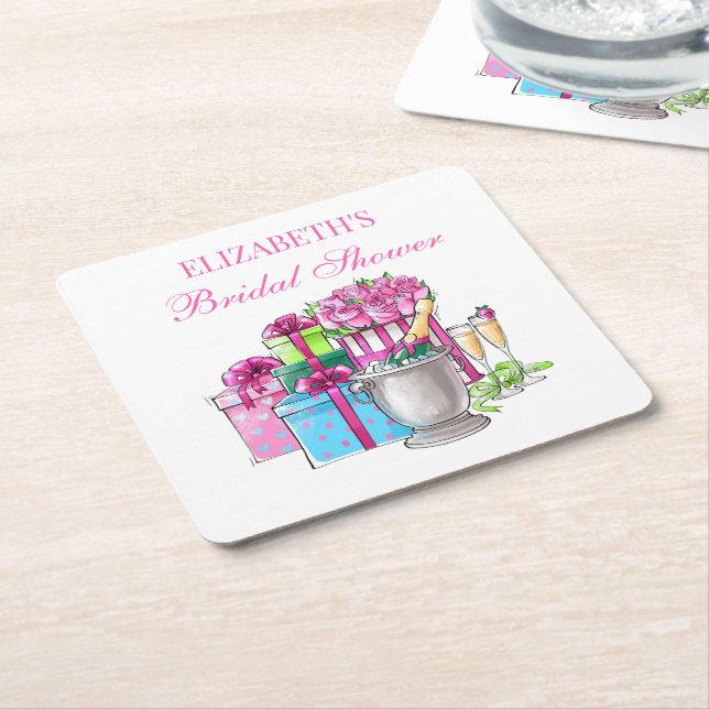 Preppy Bridal Shower Gifts Champagne Roses Square Paper Coaster (Angled)