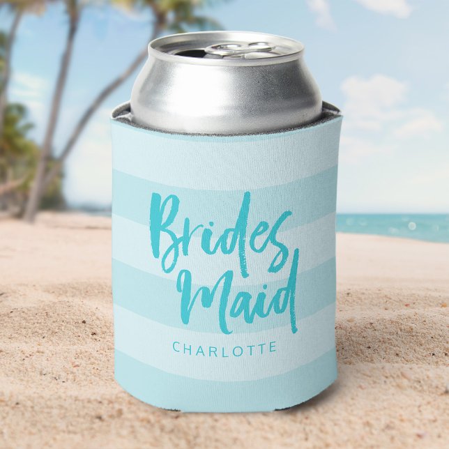 Preppy Bridesmaid Name Blue Stripes Can Cooler (Creator Uploaded)