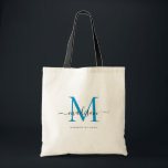 Preppy Bright Blue Black Monogram Chic Script Name Tote Bag<br><div class="desc">Modern Trendy Elegant Classic Bright Ocean Blue Black Monogram Initial Script Name Tote Bag</div>