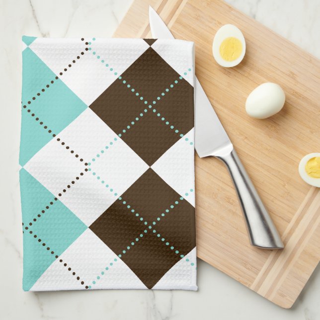 Preppy Brown and Teal Blue Chequered Patterns Tea Towel (Quarter Fold)