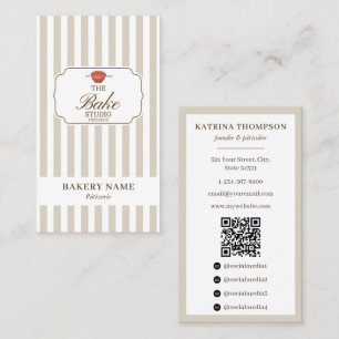 Preppy Brown & Beige Stripes Bakery Logo QR Code Business Card