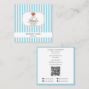 Preppy Brown & Blue Stripes Bakery Logo QR Code Square Business Card