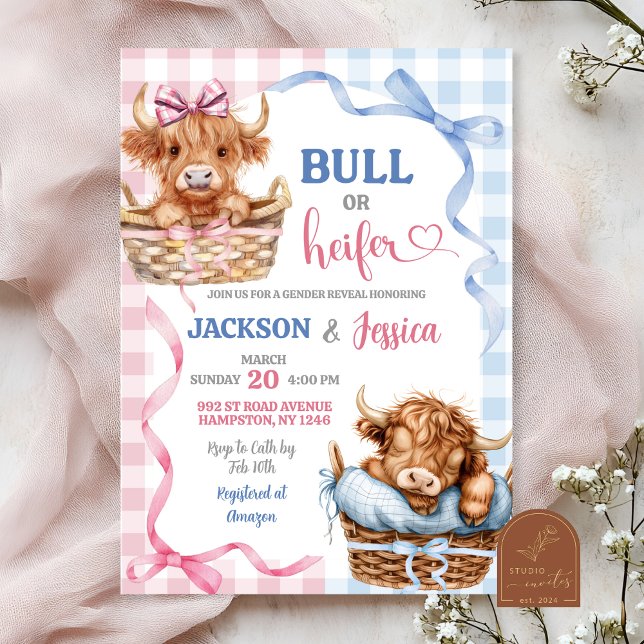 Preppy Bull or Heifer Highland Cow Gender Reveal Invitation (Creator Uploaded)