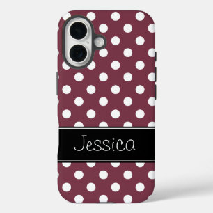 Preppy Burgundy and White Polka Dots Personalised iPhone 16 Case