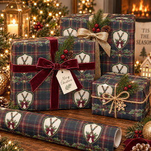 Preppy Burgundy Deep Green Tartan Christmas Family Wrapping Paper