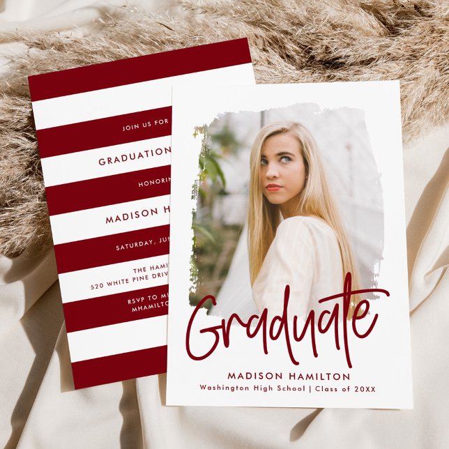 Preppy Burgundy Script Photo Graduation Party Invitation (Creator Uploaded)