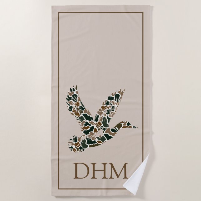 Preppy Camouflage Mallard Duck Monogram Beach Towel (Front)