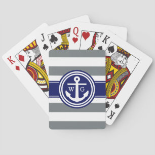 Preppy Charcoal Stripe Anchor Monogram Navy Blue Playing Cards