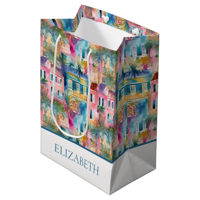 Preppy Charleston Houses Personalised Medium Gift Bag (Front Angled)