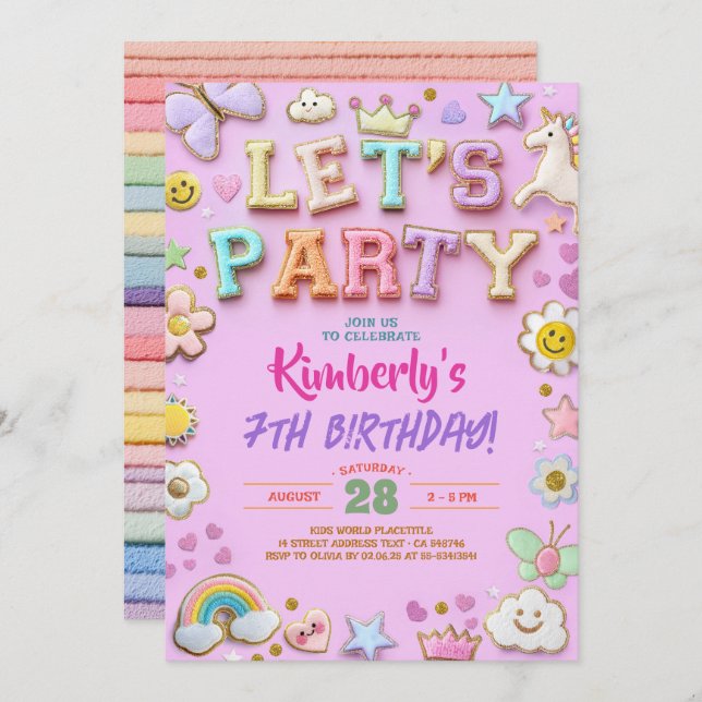 Preppy Chenille Patch Letter Stickers Birthday Invitation (Front/Back)