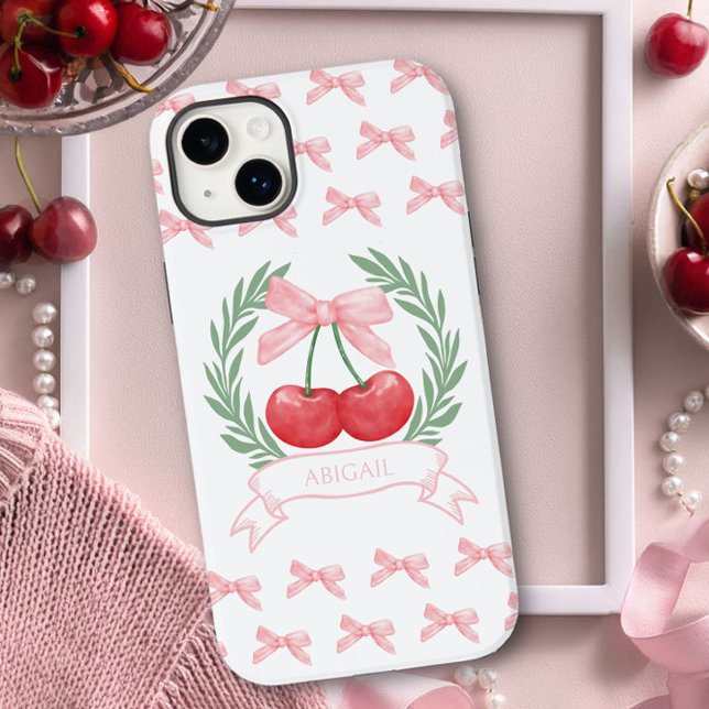 Preppy Cherries Pink Bows Laurel Wreath Logo Name Case-Mate iPhone Case (Personalized iphone case with pink bows and cherry logo by Darling and May)
