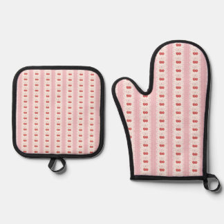Preppy Cherry Stripes - Pink and Off White Oven Mitt & Pot Holder Set