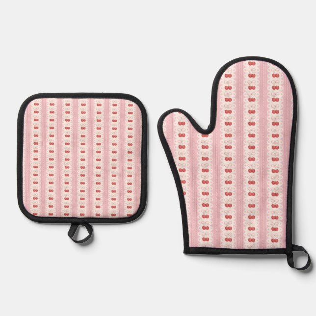 Preppy Cherry Stripes - Pink and Off White Oven Mitt & Pot Holder Set (Front)