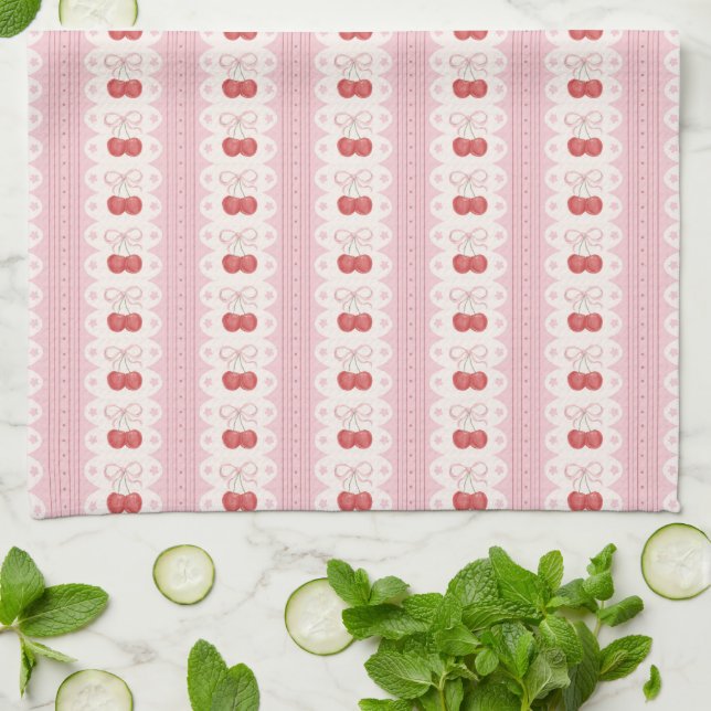 Preppy Cherry Stripes - Pink and Off White Tea Towel (Folded)