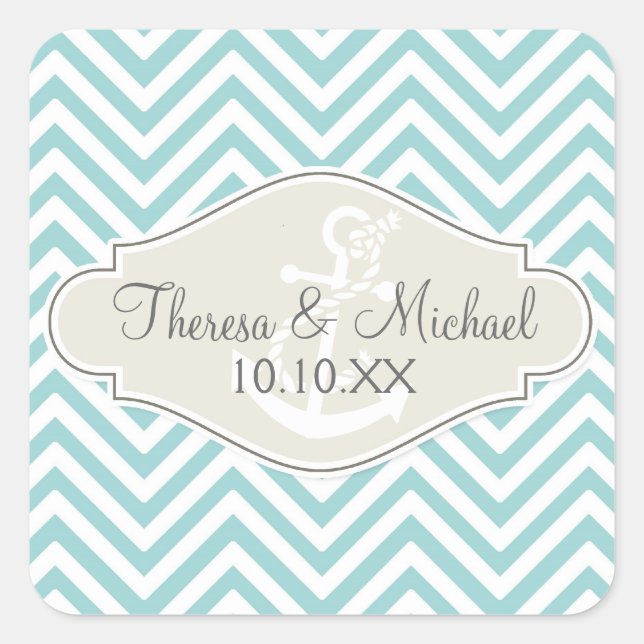 Preppy Chevron Stripe Modern Monogrammed Name Square Sticker (Front)