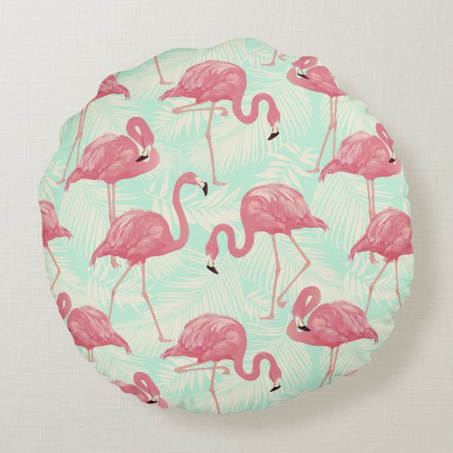 Preppy Chic Elegant Pink Flamingo Pattern Round Cushion (Back)