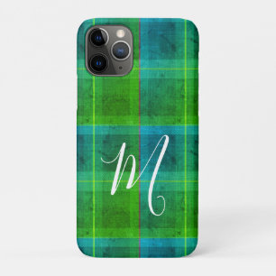 Preppy chic initial green & blue tartan plaid Case-Mate iPhone case