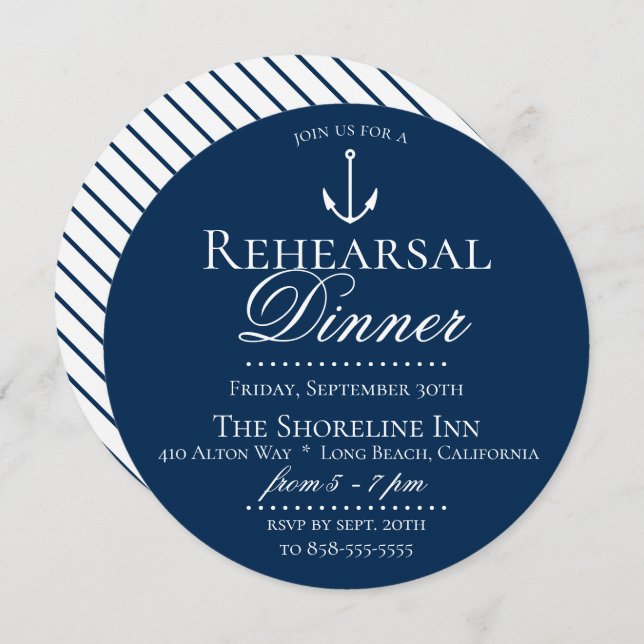 Preppy Chic Nautical Navy Rehearsal Dinner Invitation (Front/Back)