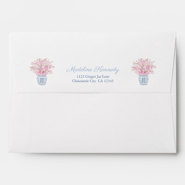 Preppy Chic Navy White Greek Key With Pink Flowers Envelope (Back (Top Flap))