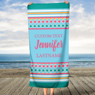 Preppy Chic Stripes Custom Name Beach Towel