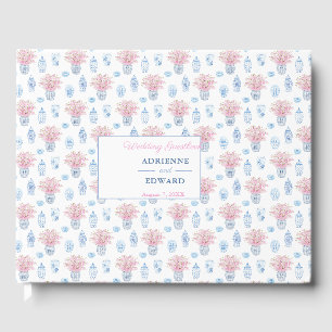 Preppy Chinese Jars Navy Blue and Pink Wedding Guest Book