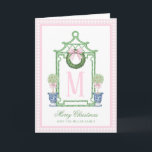 Preppy Chinoiserie Christmas Pagoda Monogram  Card<br><div class="desc">This Christmas Card has a Preppy Chinoiserie design featuring a green bamboo pagoda frame with a Christmas wreath with a pink bow and two topiaries in Chinoiserie pots. The bottom has green text that says "Merry Christmas." You can personalise with a name and your initial. The back has a coordinating...</div>