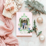 Preppy Chinoiserie Christmas Pagoda Monogram  Holiday Card<br><div class="desc">This Christmas Ornament has a Preppy Chinoiserie design featuring a green bamboo pagoda frame with a Christmas swag with a pink bow and two topiaries in Chinoiserie pots. You can personalise with a name the year and your photo.</div>